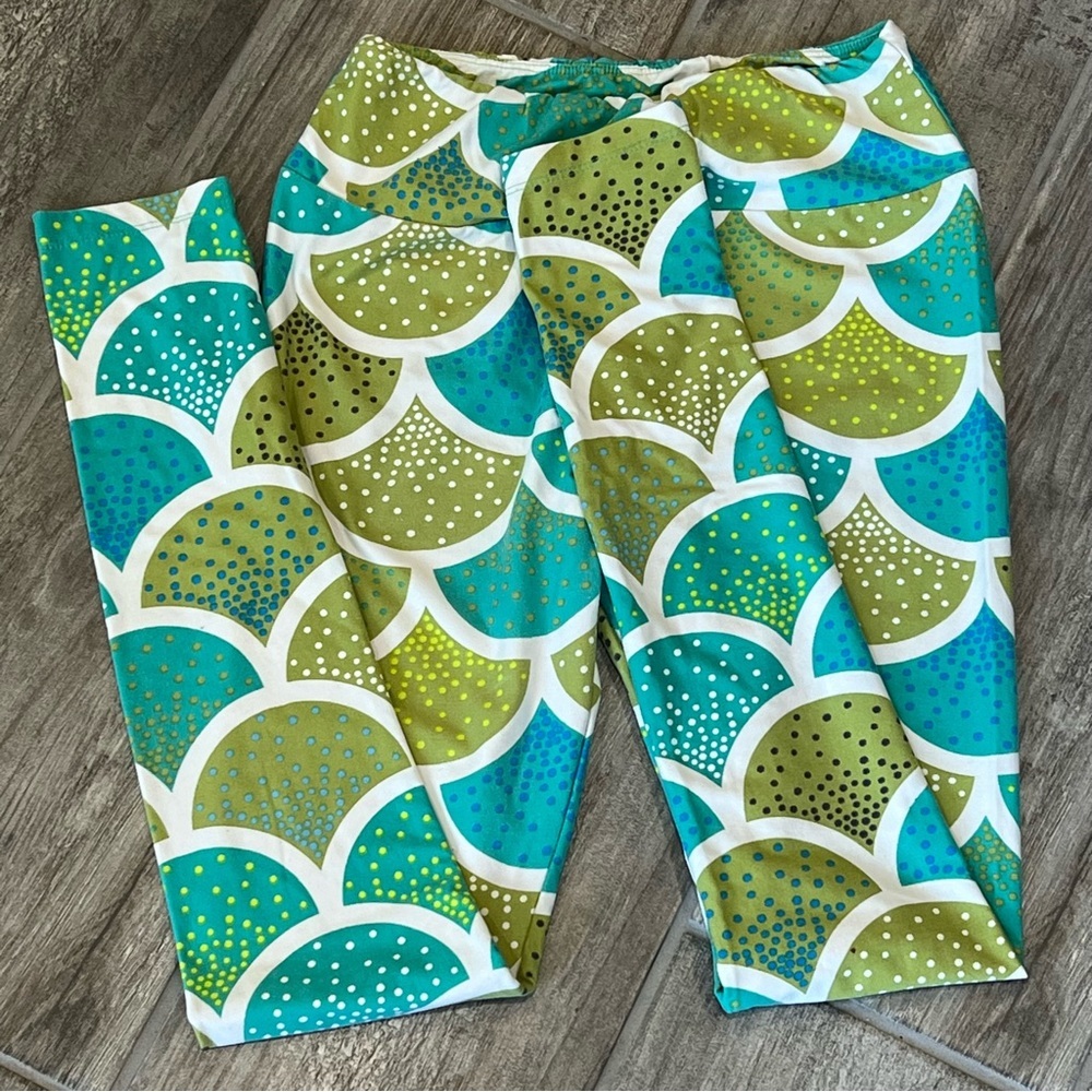Ambre OS Mermaid Scale Leggings Teal Green White Black Dot Print‎ Stretchy